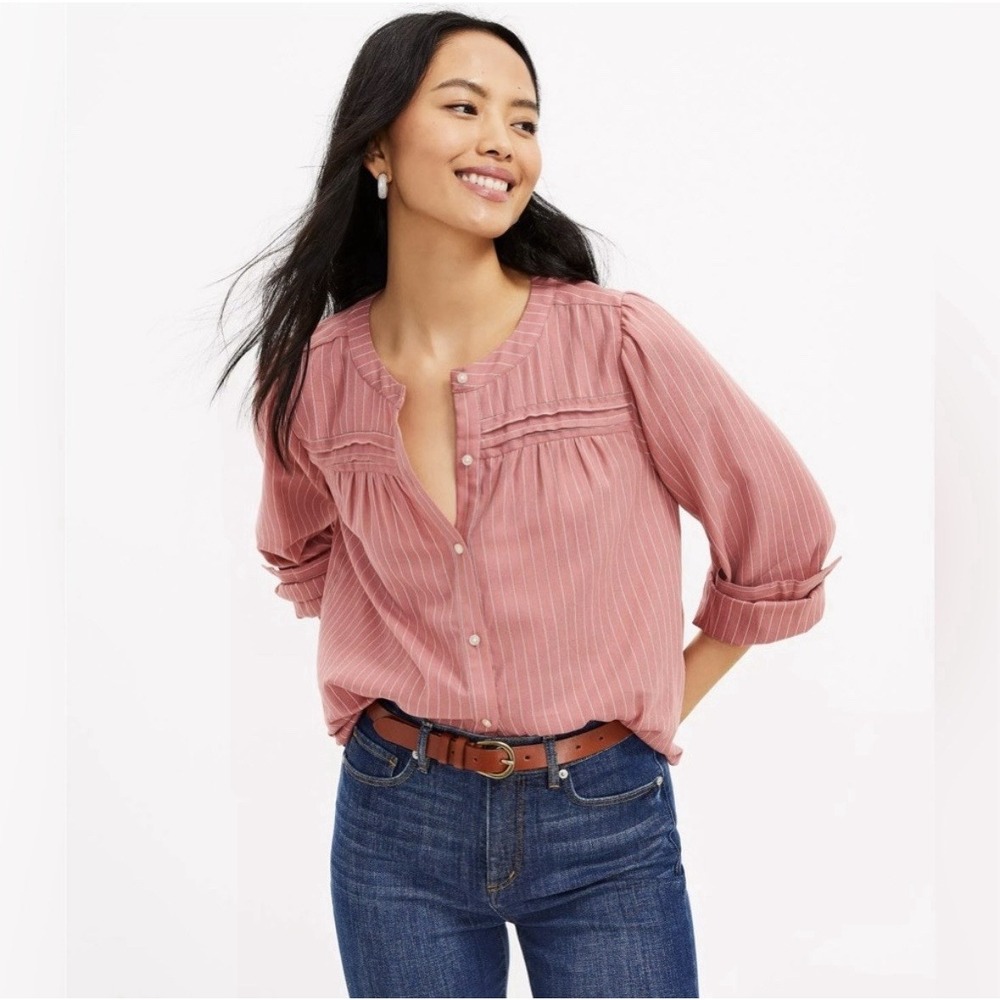 NWT LOFT Pleated Striped Blouse Women's Sz S Preppy Academia Momcore